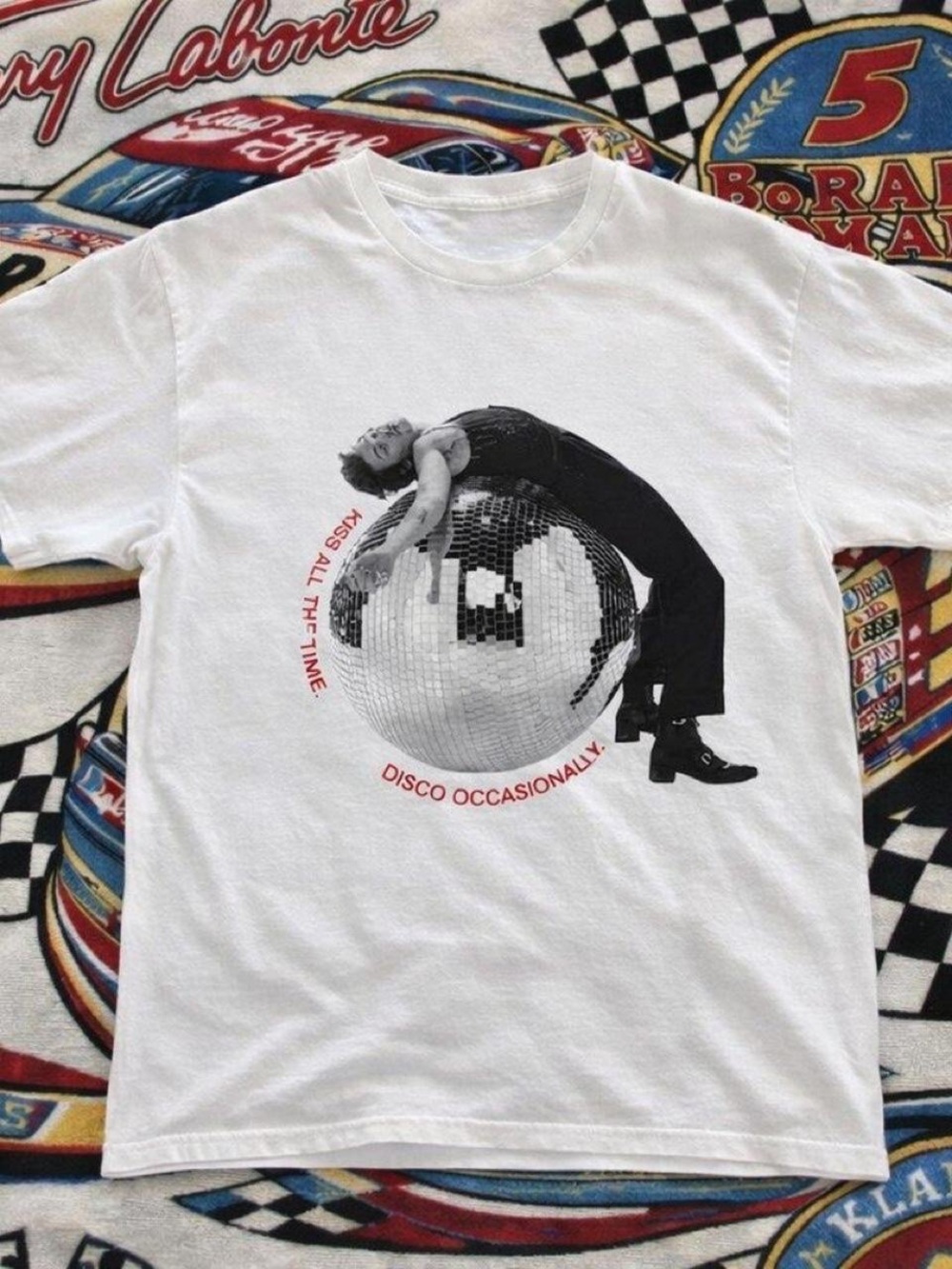 Gildan White Graphic Tee with Black Disco Print and Red Text